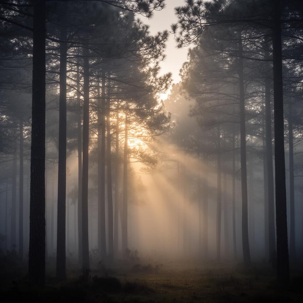 Floresta de pinheiros enevoada ao amanhecer na Serra Gaúcha