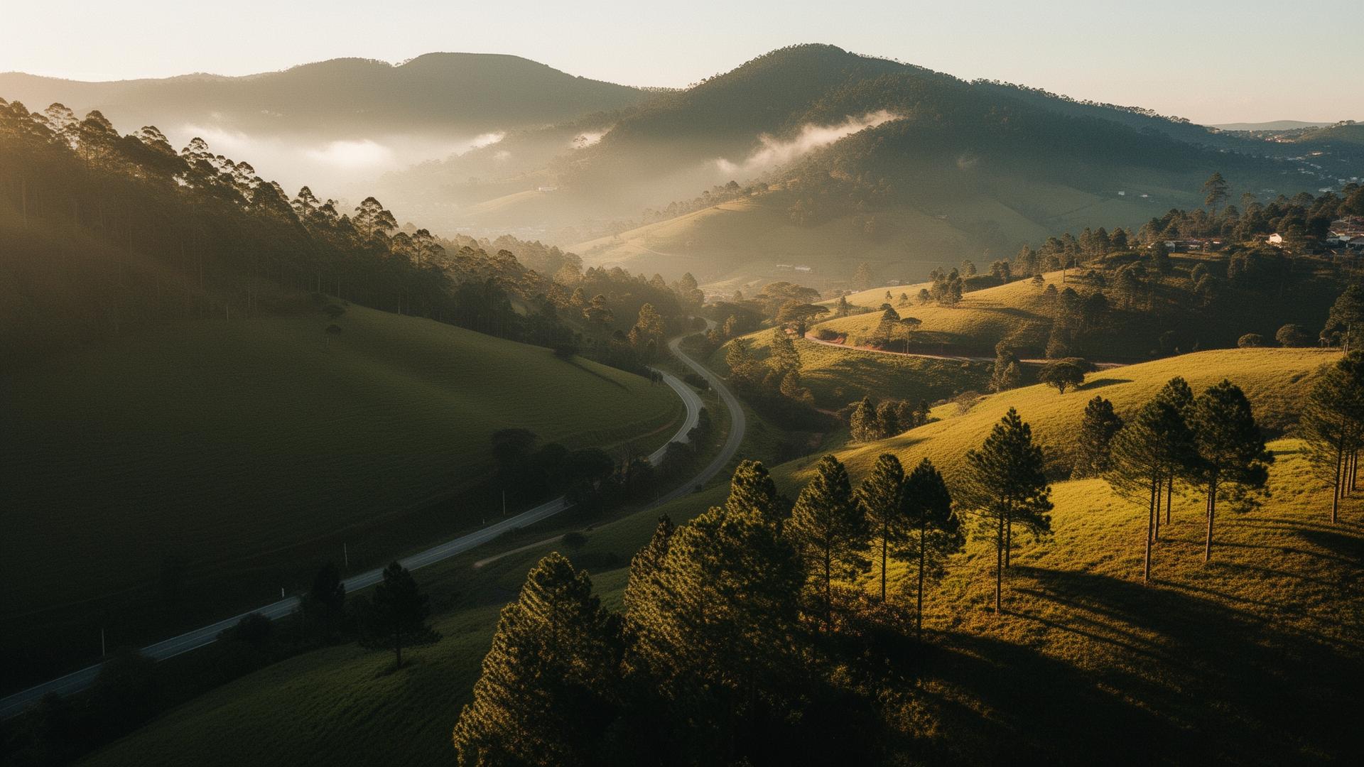 Vista panorâmica da Serra Gaúcha ao entardecer, vales e montanhas cobertas de pinheiros
